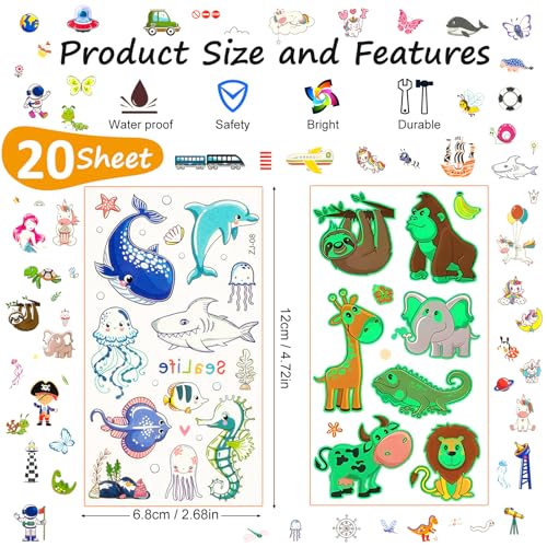 Habett Luminous Temporary Tattoos Set for Kids - 200+ Fun Designs