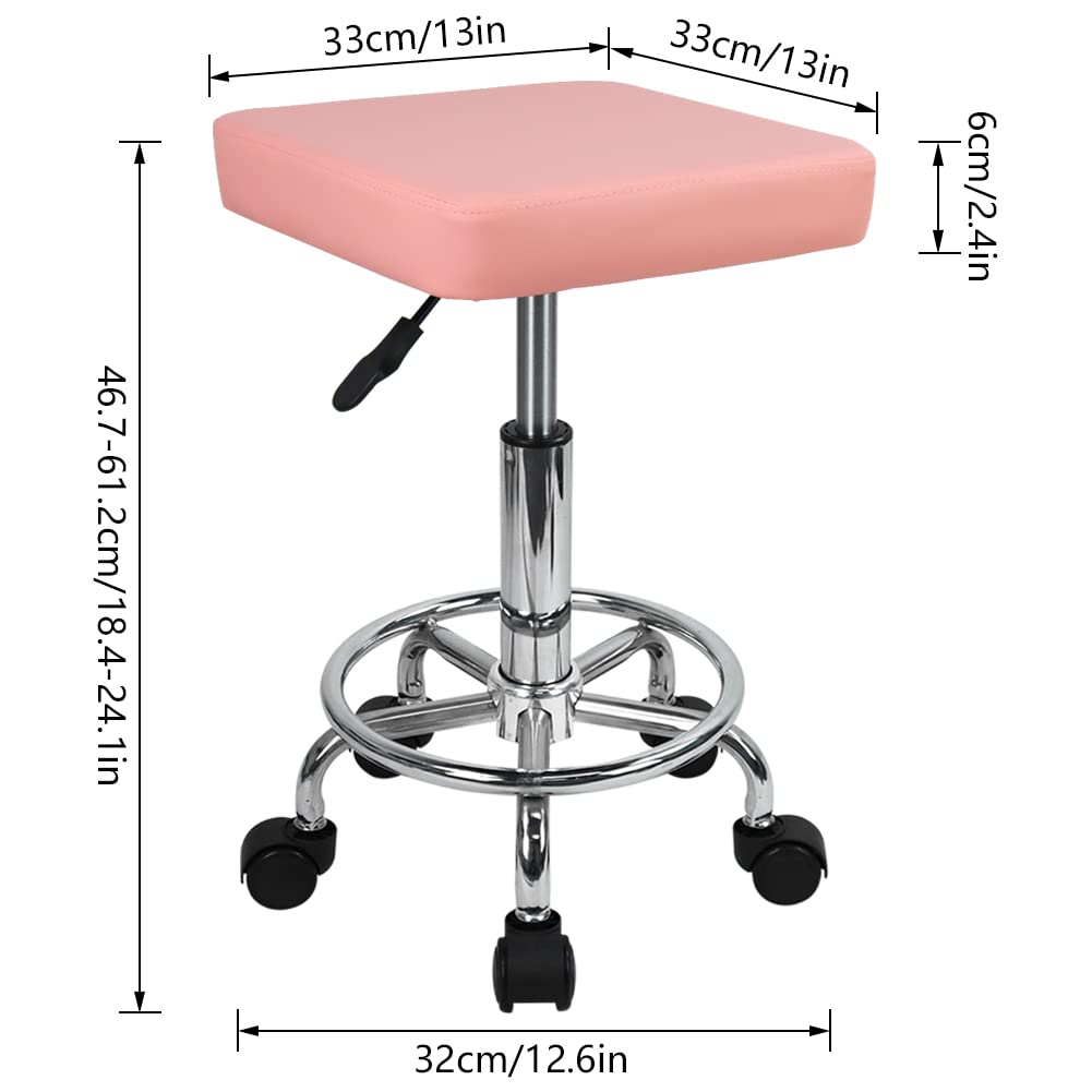 KKTONER Square Rolling Stool with Foot Rest PU Leather Height Adjustable Spa Drafting Salon Tattoo Work Swivel Stools Task Chair Small (Pink)