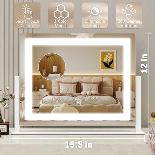 ROLOVE 16x12 Inch Vanity Mirror with Lights, Lighted Makeup Mirror with 10X Magnification, Smart Touch 3 Colors Dimmable, Dresser Mount, Bathroom (White)