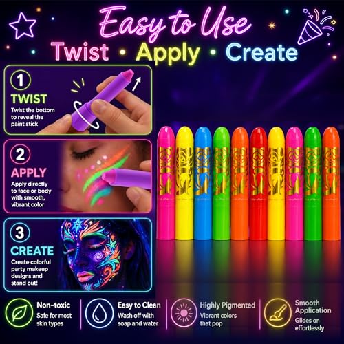UV Neon Face Paint Sticks - 10 Glow Colors Rave Makeup