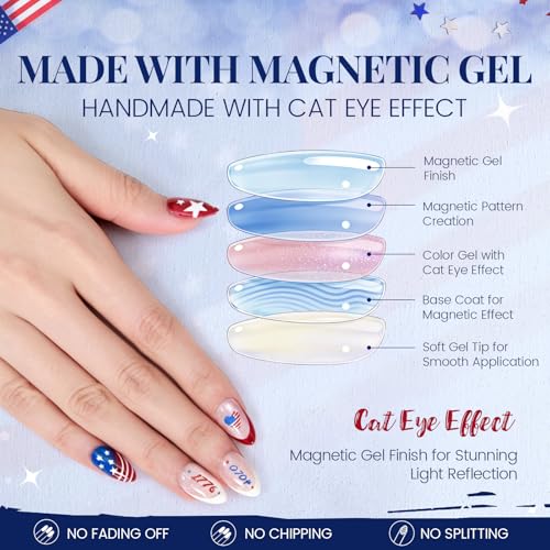 4th of July Press On Nails Red White Blue Almond 32pc