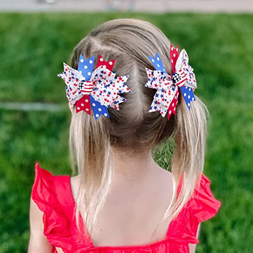 Red White Blue Hair Clips for Girls American Flag Hair Clip Patriotic Hair Bow Clips for 4th of July Hair Accessories Grosgrain Hair Bows with Heart TSFJ49 (3pcs Bow Set)