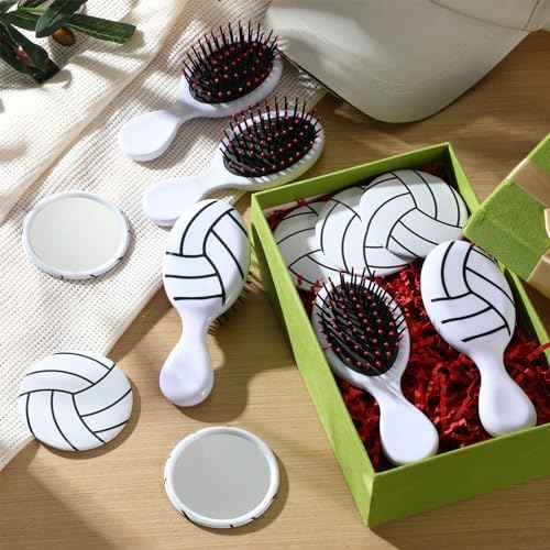24 Pcs Volleyball Gifts for Team Bulk Include 12 Volleyball Air Cushion Hair Brush and 12 2.76 Inch Compact Mirror Round Makeup Mirror for Girl Player