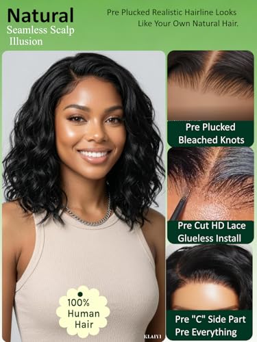 KLAIYI Water Wave Bob Wig - 14 Inch Glueless Human Hair