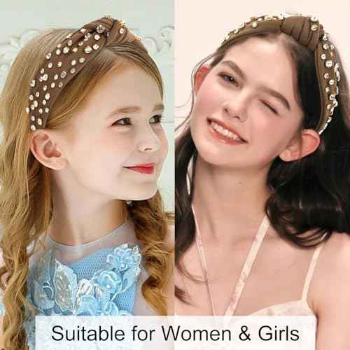 AMCAMI Brown Knotted Headband Rhinestone Jeweled Sparkly Headband for Women Girls Teacher Knot Beaded Crystal Headband Thick Dressy Headbands Hair Accessories for Women Girls