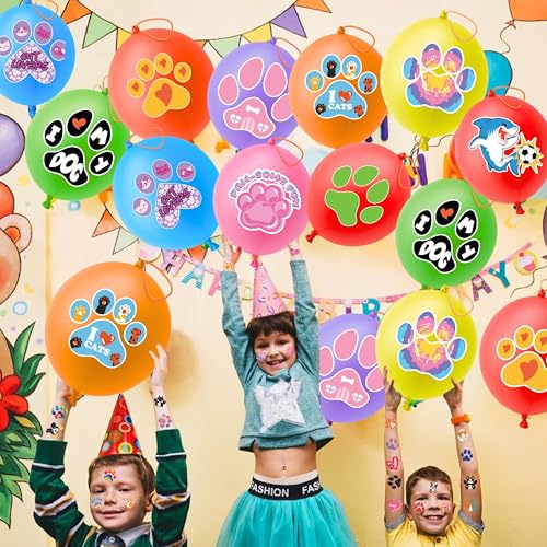 Paw Print Party Favors Set - 24 Punch Balloons & 48 Tattoos