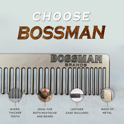 Bossman Metal Grooming Comb for Men - Mustache and Beard Styling Tool with Leather Pocket Case (Black)