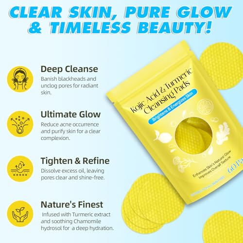 Kojic Acid Turmeric Cleansing Pads, Face Turmeric & Kojic Acid Pads for Dark Spots, Glow Up Acne Scars, Unclog Pores, Enriched Vitamin C,Gentle & Non-Irritating