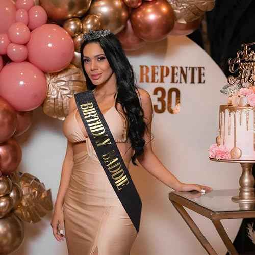 Birthday Baddie Sash and Crown for Women Girls - Black Glitter with Gold Foil Birthday Girl Sash and Crown Funny Birthday Party Favor Supplies