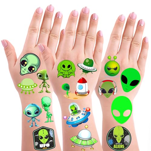 300 Green Alien Theme Tattoos Temporary Stickers Suitable for Outer UFO Space Alien Themed Birthday Party Supplies Decor Goodie Bag Stuffers 30 Sheets