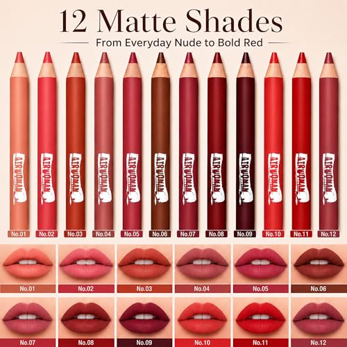 12-Color Waterproof Lip Liner Pencil Set, Matte Long-Lasting