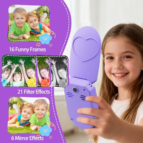YUNIBRIX Kids Flip Phone Toy with HD Cameras & Music Player - Purple