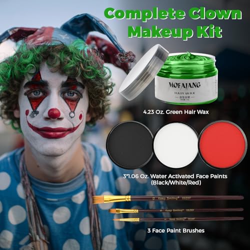 Clown Makeup Kit, Includes Red, Black & White Water Based Face Paint with 3 Face Paint Brushes & Temporary Green Hair Color Wax for Halloween Clown Makeup Costume & Cosplay