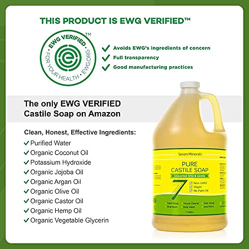 Seven Minerals EWG Verified Unscented Castile Soap (1 Gallon) & Pure Lemon Castile Soap (33.8 fl oz)