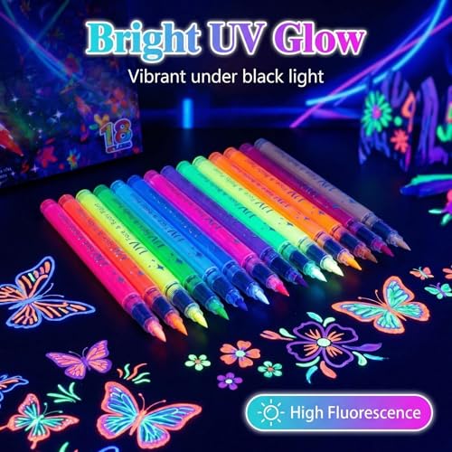 18-Color UV Glow Body Paint Pens - Neon Temporary Tattoo Markers