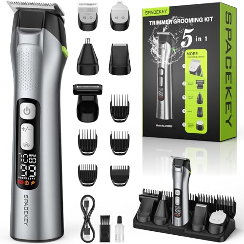 Beard Trimmer for Men, 15 Pieces Mens Grooming Kit, 5 in 1 Stainless Steel Blade Cordless Hair Clippers, 150-Min Long Runtime, IPX7 Waterproof, 3 Speeds Body Hair Trimmer for Nose, Ear, Face, Chest