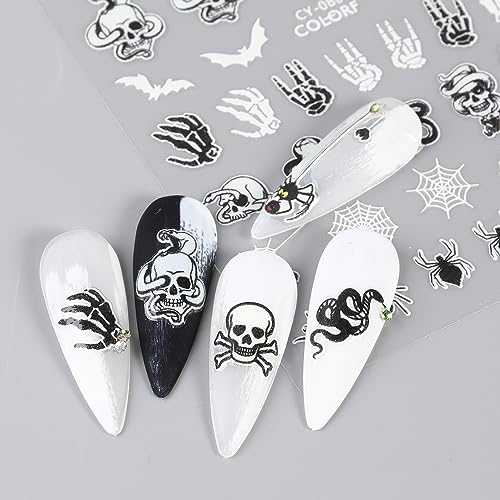 Halloween Nail Stickers 3D Self-Adhesive Nail Decals Halloween Skull Ghost Bat Pumpkin Design Cute Nail Art Stickers Glow in The Dark Nail Decorations for Women Halloween Nail Supplies (6 Sheets)