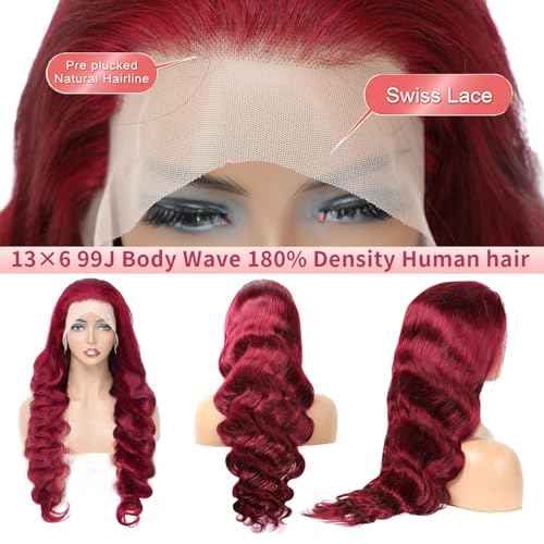 Body Wave Human Hair Wigs for Women Glueless HD Lace Front Wigs Human Hair Body Wave 180 Density Lace Frontal Wigs Human Hair Pre Plucked Body Wave (99J Burgundy wigs, 24 Inch)