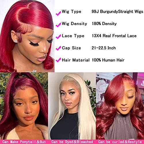 99j Burgundy Straight Lace Front Wigs Human Hair 99J 13X4 HD Transparent Lace Frontal Wigs 180% Density Glueless Pre Plucked with Baby Hair Wigs for Women