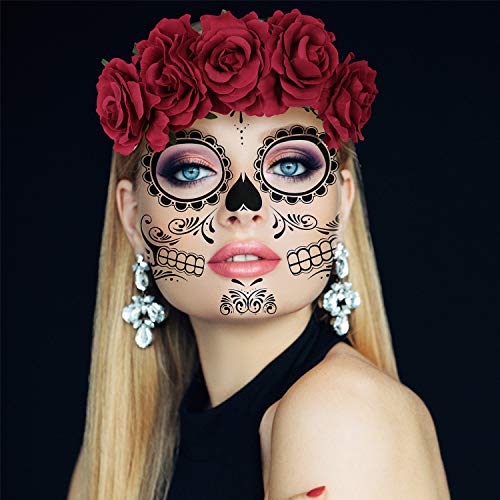 4 Kits Day of the Dead Sugar Skull Temporary Face Tattoo Makeup Tattoo for Men and Women with 1 Rose Red Flower Crown Headband for Halloween Costume