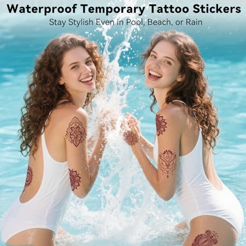 Xmasir 12 Sheets Brown Henna Tattoo Kit, Waterproof Temporary Henna Tattoos Stickers for Women Wedding Party (Brown)