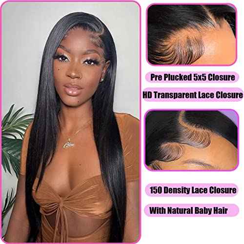 5x5 Straight Hd Lace Closure Human Hair 12A Real Transparent Lace Closure 5x5 Closure Virgin Remy Human Hair Frontal Closure Pre Plucked With Baby Hair Natural Black Color(20inch)