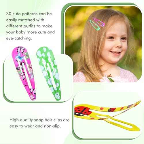 Cinaci 120pcs in 30 Cute Patterns 5cm/2" Colorful Printed Metal Snap Hair Clips Barrettes Bangs Holders Accessories for Baby Girls Toddlers Kids Teens