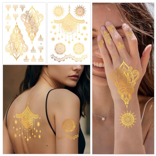Metallic Gold Temporary Tattoos for Women - 9 Sheets