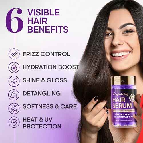 Hair Serum Capsules ? Keratin & Silk Protein Hair Treatment with Argan, Coconut, Jojoba & Avocado Oils ? Leave?In Anti?Frizz Hair Oil w/ Vitamins A, E & B5 for Dry, Damaged Hair ? No Rinse, 30 ct