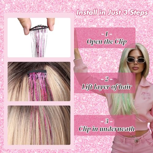 24-Inch Green Hair Tinsel Clip-Ins - 18 Pcs Heat Resistant Extensions