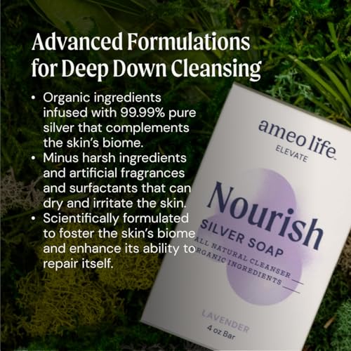 Ameo Life Organic Lavender Silver Soap with 30 ppm Silver - Naturally Cleanses the Skin, 4 oz Colloidal Silver Soap Bar for Women and Men