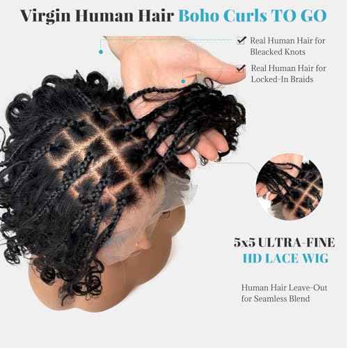 Knotless Boho Box Braided Wigs for Black Women 10 Inch Glueless Double 5x5 HD Lace Front Curly Human Hair 200% Density Short Boho Box Braided Bob Wigs Bohemian Knotless Braid Wigs with Baby Hair