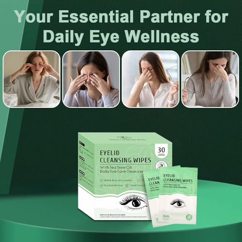 30 Count Eyelid Wipes, Gentle Eyelid Cleansing Wipes with Tea Tree Oil, Moisturizing Eye Wipes for People with Dry Eyes, Itchy, Styes & Blepharitis, Eyelid & Lash Wipes Individually Wrapped for Travel