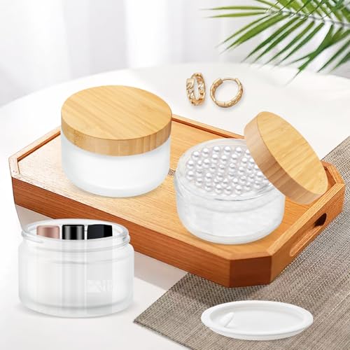 4 Pcs 200g/6.7oz Frosted Cosmetic Containers Glass Jar Empty Sample Jars with Bamboo Lids for Cream Lotion Lip Balm Makeup