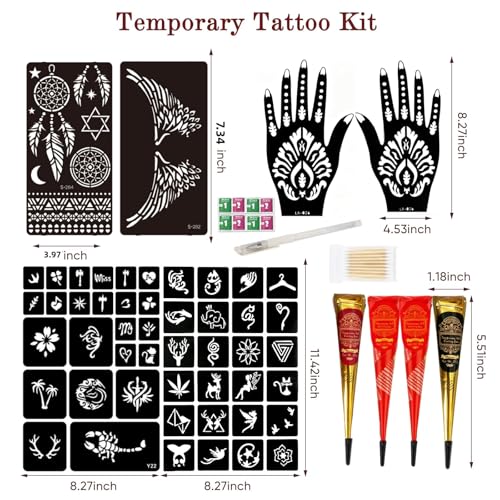 Temporary Tattoo Kit with 4 Inks & 77 Stencils - Safe & Easy DIY Body Art