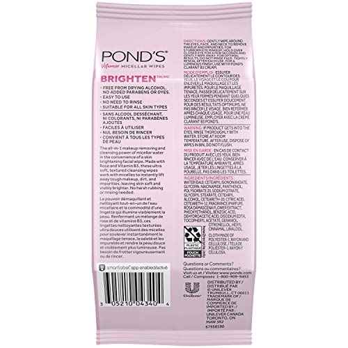 Pond's Vitamin Micellar Wipes For Dark Spots Brighten Rose Removes Waterproof Makeup 25 Wipes