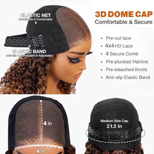 Highlight Glueless Bob Wigs Human Hair Pre Plucked Pre Cut Curly Human Hair Wigs for Black Women Ombre Deep Wave 4x4 HD Lace Closure Wigs Ready to Wear and Go Glueless Wigs