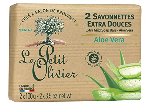 Le Petit Olivier Extra Mild Soap Bars - Aloe Vera - Gently Cleanses Skin - Delicately Perfumed - Vegetable Origin-Based - 2 Pc