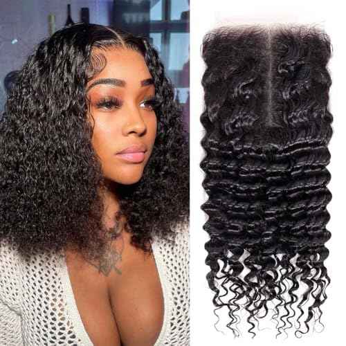 HD Lace Closure Deep Wave Human Hair 5x5 Closure HD Lace Curly Hair Closures for Black Women Pre Plucked 12A Virgin Hair Curly 16 Inch Wet and Wavy