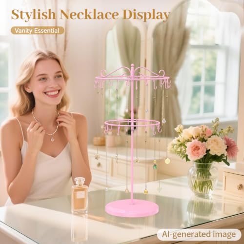 MODOWEY 42-Hook Rotating Necklace Organizer Stand, Adjustable 2-Tier Display
