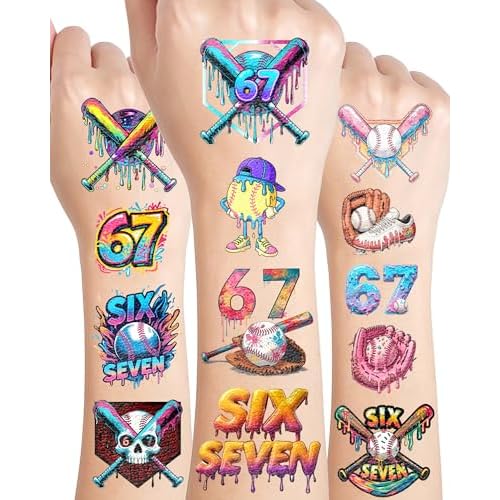 166Pcs Drip Baseball Temporary Tattoos - 6 7 Pink Baseball Theme Party, Ice Cream Drip Party Decorations, Baseball Drip Party Gift, 15 Sheets 48 Styles