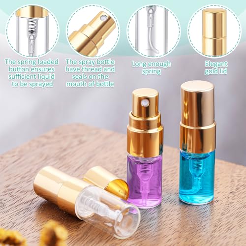 Zhehao 50 Pcs Mini Spray Bottles 2 ml Clear Glass Perfume Bottles Refillable Fine Mist Perfume Atomizer Portable Empty Sample Containers for Cleaning, Essential Oils, Travel (Gold Cap)