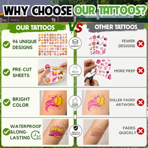 96 Softball Temporary Tattoos for Kids - Waterproof