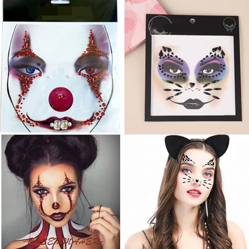 Clown Face Jewel Makeup Sticker Cat Face Gems 3D Gemstone Face Stickers Day of the Dead Temporary Rhinestone Crystal Stones Glitter Body Gems Makeup Stickers for Halloween Carnival Rave Party