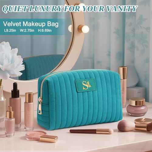 Monogrammed Make Up Bags for Women,Personalized Cosmetic Bags Women,Small Quilted Makeup Pouch,Cute Makeup Bag Travel,Birthday Gifts for Teen Girl (Blue S)