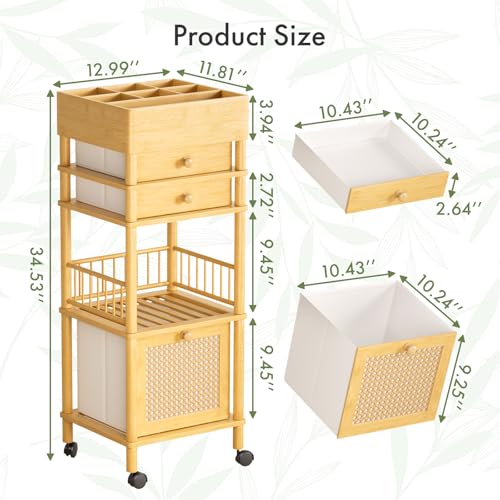 Amazer Bamboo Makeup Organizer Cart with 3 Drawers, Floor Skin Care Storage for Bathroom Bedroom, Rolling Vanity Organizer Cart for Cosmetic, Nail Polish, Perfume and Hair Tools