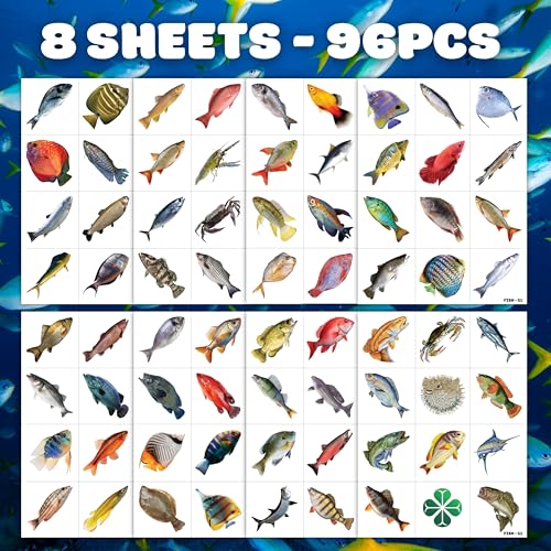 Fish Temporary Tattoos - 96 Designs, 8 Sheets for Kids