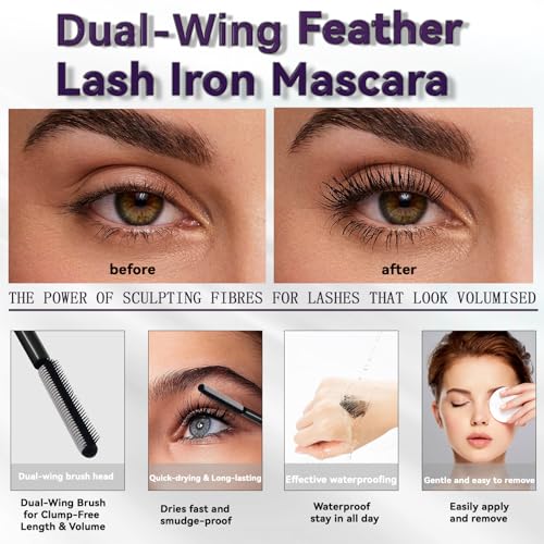 Feather Lash Iron Wand Mascara, Dual-Wing Brush Metal Mascara 2-in-1 Primer, Topcoat, 3D Curling Natural Length & Volume Mascara No Clumps Long Lasting Smudge-Proof
