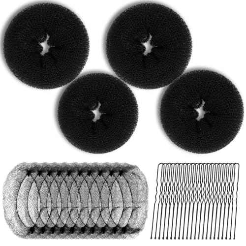 Teenitor Donut Hair Bun Maker Set, Hair Nets For Buns, 4 Pcs Medium Donut Shapers, 10 Pcs Invisible Hair Nets, 10 Pcs Bobby Pins, Hair Accessories For Girls