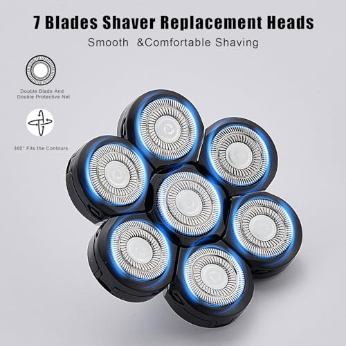 7 Blades Head Shaver Replacement Heads, Universal Fit for Electric Razors, Wet & Dry Use, 7D Floating Design, Stainless Steel Blade Heads, Ideal for Men's Face & Bald Head Shaving (2count)